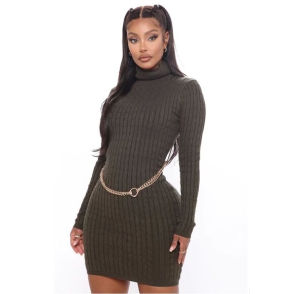 Olive Green Mini Sweater Dress - Picture 1 of 6